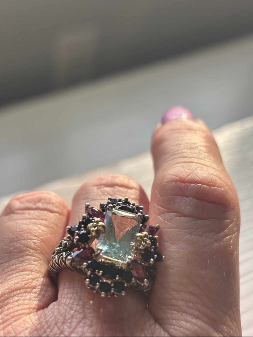 Barbara Bixby Sterling Silver and 18k Aquamarine and Garnet Cluster Ring - Picture 5 of 6